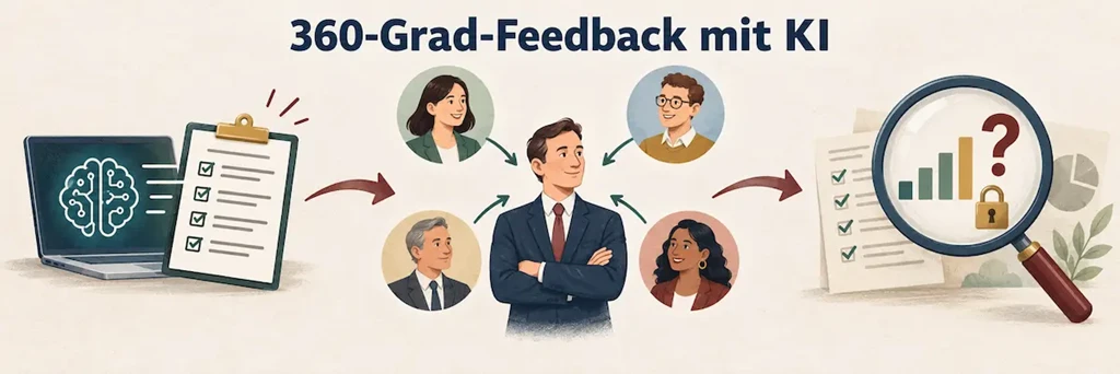 360-Grad-Feedback mit KI: Vier Personengruppen beurteilen eine Führungskraft, während die Aussagekraft des KI-Fragebogens geprüft wird.