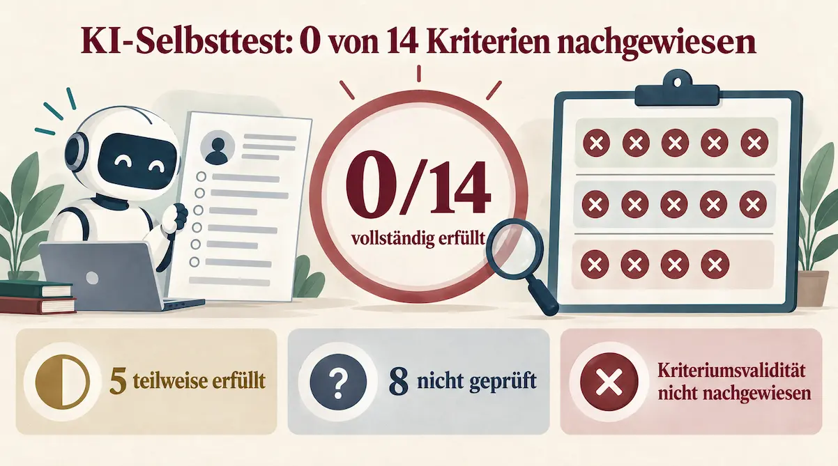 Ergebnis des KI-Selbsttests: Von 14 Gütekriterien eines 360-Grad-Feedback-Fragebogens war keines vollständig nachgewiesen.