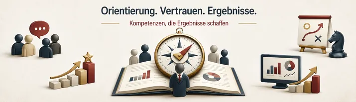 Rubrikgrafik Führung und Management: Symbole für Führungskompetenz, Teamarbeit, Strategie, Orientierung und messbare Ergebnisse