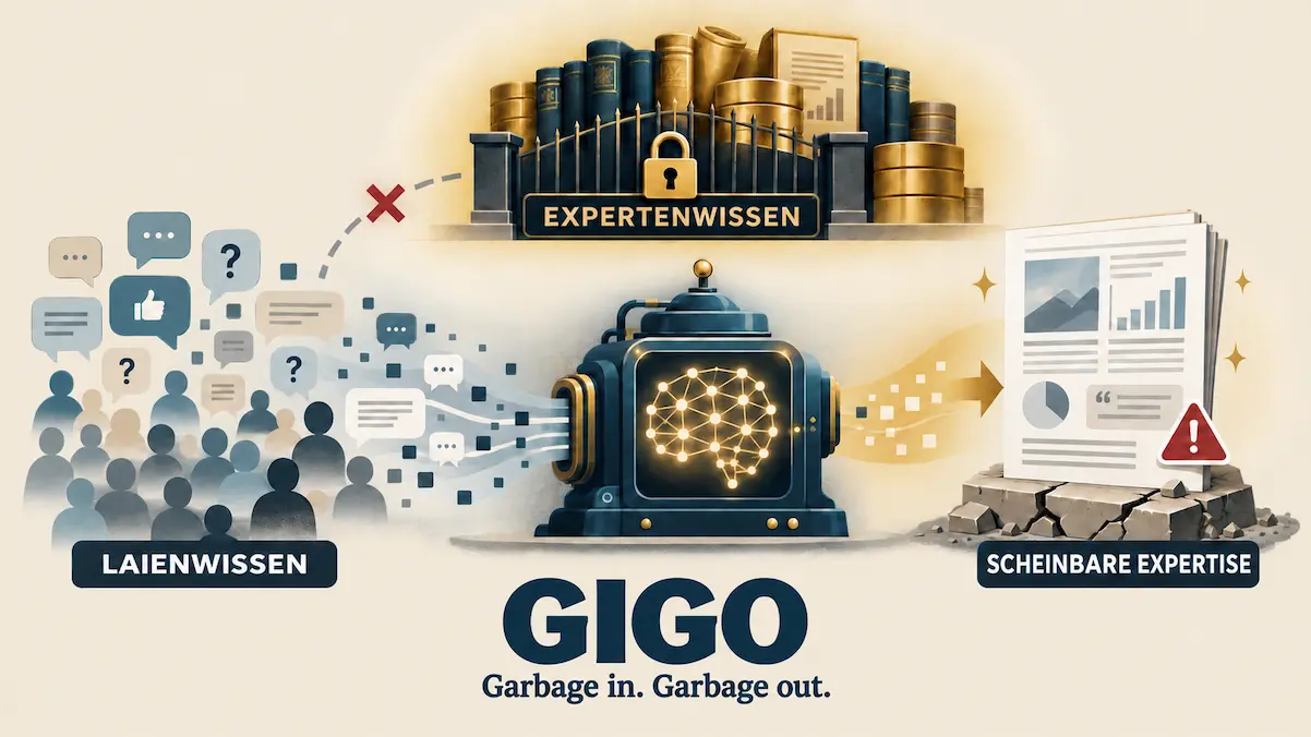 GIGO bei künstlicher Intelligenz: Laienwissen wird von einer KI verarbeitet und als scheinbare Expertise ausgegeben, während Expertenwissen hinter Zugangsschranken verschlossen bleibt.