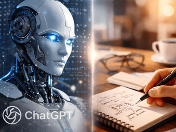 llustration zu den Grenzen von KI und Google: humanoider Roboter mit dezenten ChatGPT- und Gemini-Logos auf der linken Seite, menschliche Hand mit Notizbuch auf der rechten Seite