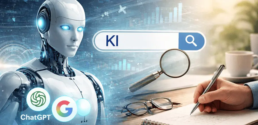 Grafik zu den Grenzen von KI und Google im Management: Roboterfigur, Suchfeld mit KI und schreibende Hand am Notizbuch