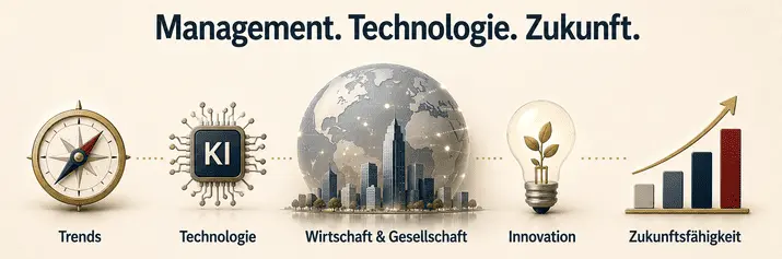 Rubrikgrafik Management, Technologie und Zukunft: Symbole für Trends, KI, Digitalisierung, Innovation, Wirtschaft und Zukunftsfähigkeit
