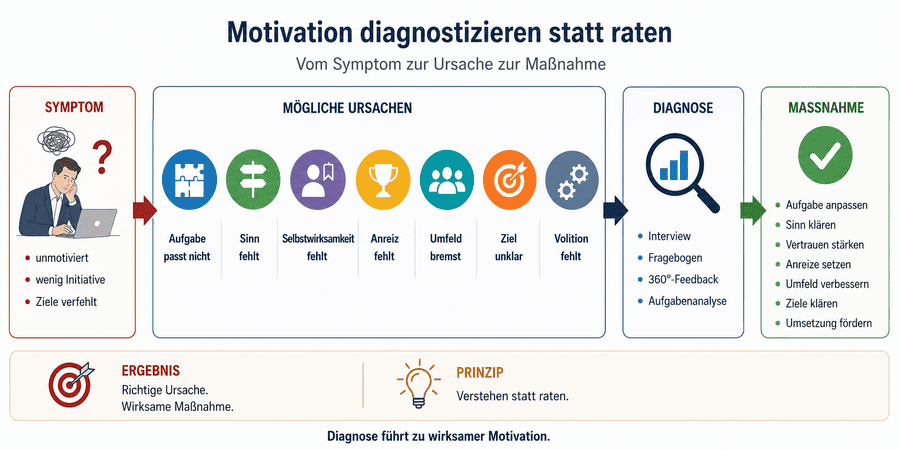 Infografik: Motivation diagnostizieren statt raten – vom sichtbaren Symptom über mögliche Ursachen zur passenden Maßnahme