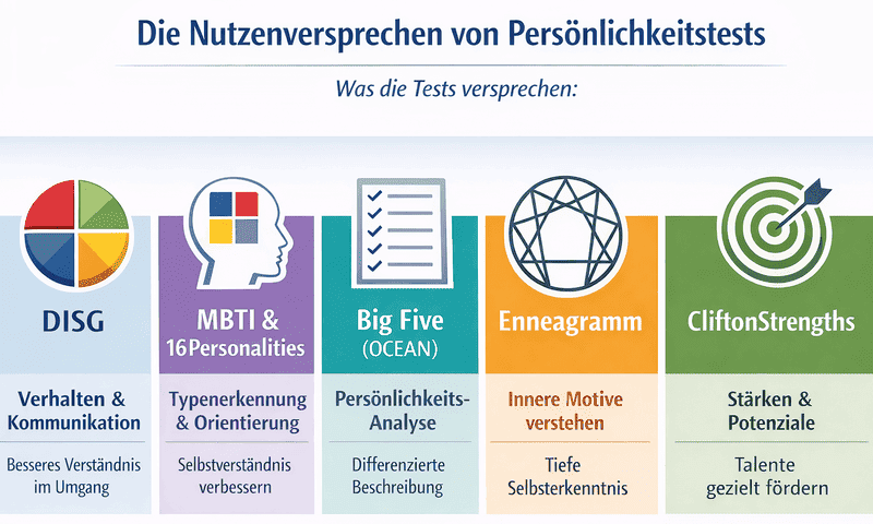 Infografik: Welchen Nutzen Persönlichkeitstests wie DISG, MBTI, Big Five, Enneagramm und CliftonStrengths versprechen.