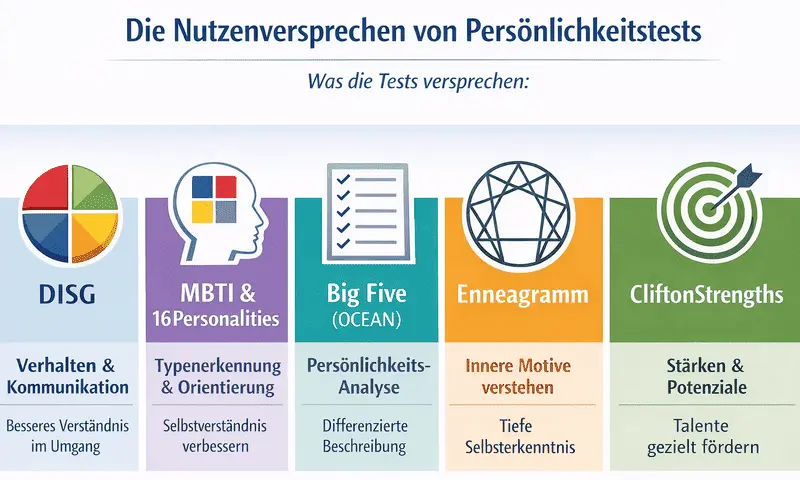 Infografik: Welchen Nutzen Persönlichkeitstests wie DISG, MBTI, Big Five, Enneagramm und CliftonStrengths versprechen.
