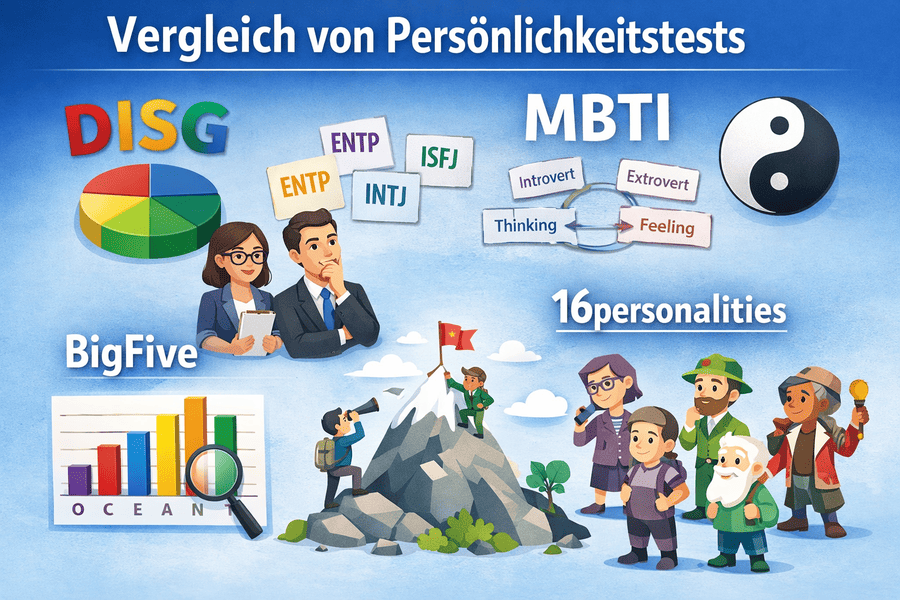 Vergleich von Persönlichkeitstests: DISG, MBTI, Big Five, CliftonStrengths und 16personalities als Infografik.