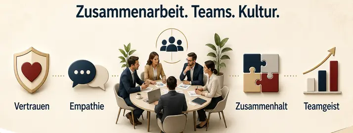 Rubrikgrafik Zusammenarbeit, Teams und Kultur: Sitzungsszene mit Symbolen für Vertrauen, Empathie, Zusammenhalt und Teamgeist